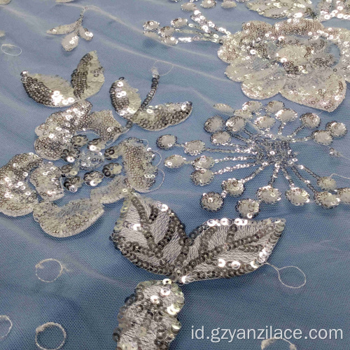 Bunga Crystal Tulle Lace Fabric untuk Gaun